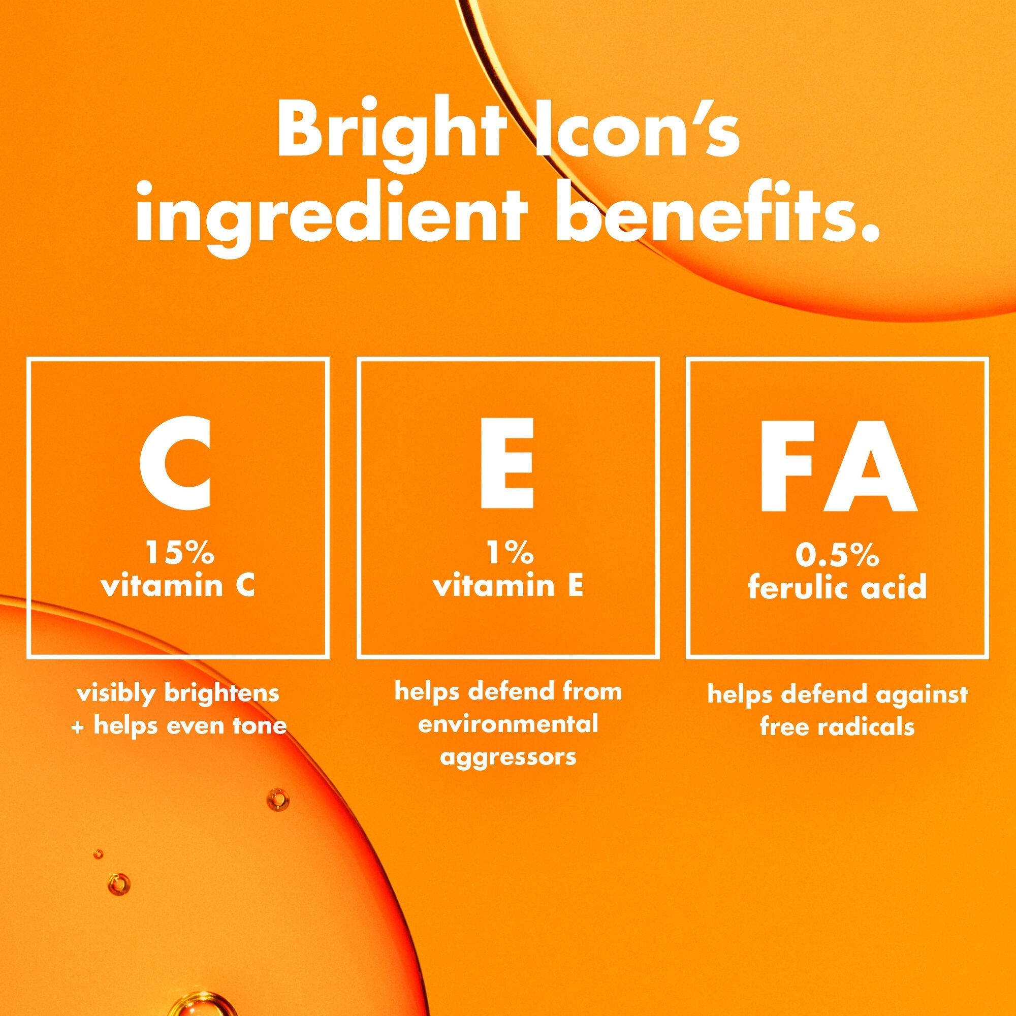 Bright Icon Brightening Serum Ingredients Vitamin C, Vitamin E, Ferulic Acid
