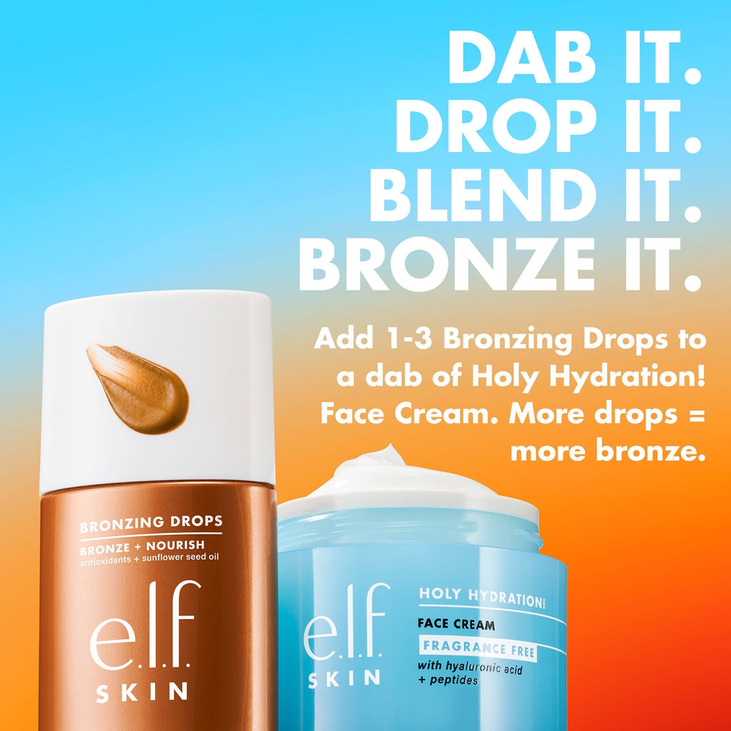 e.l.f. Skin bronzing drops and face cream with how to use text on a gradient background