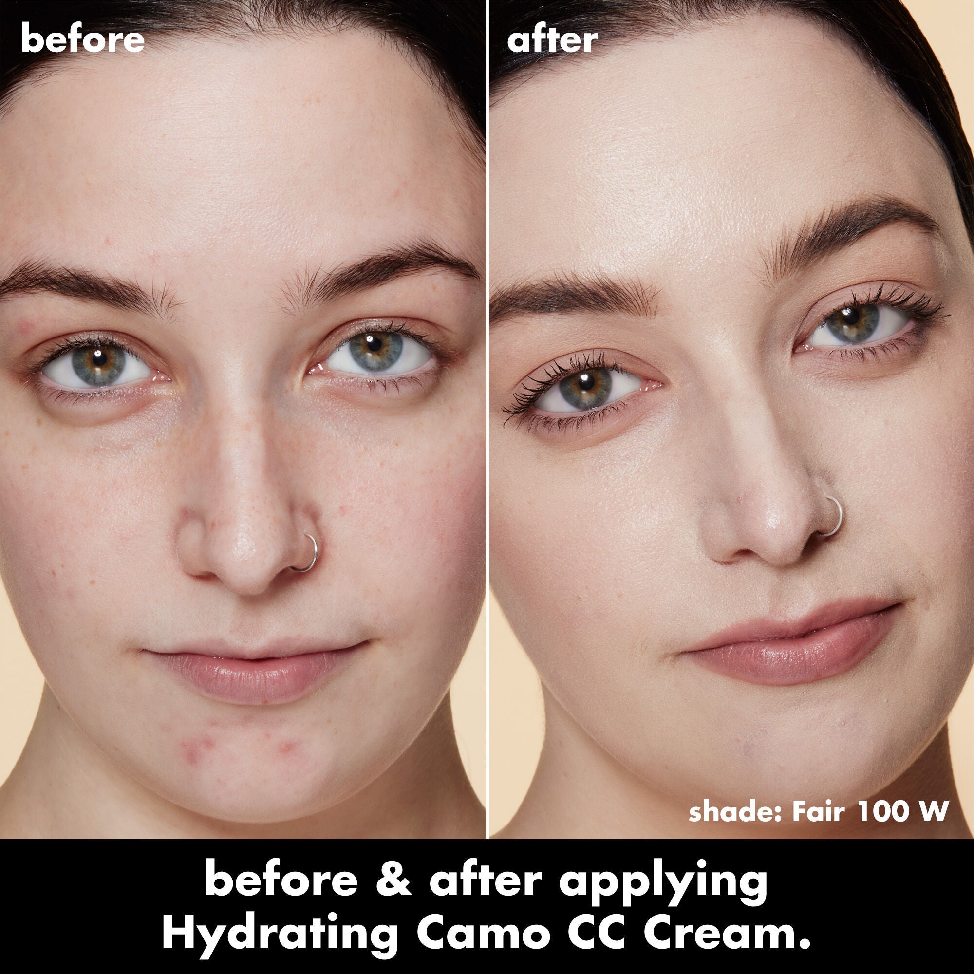 Before and After Applying Fair 100 W Hydrating Camo CC Cream