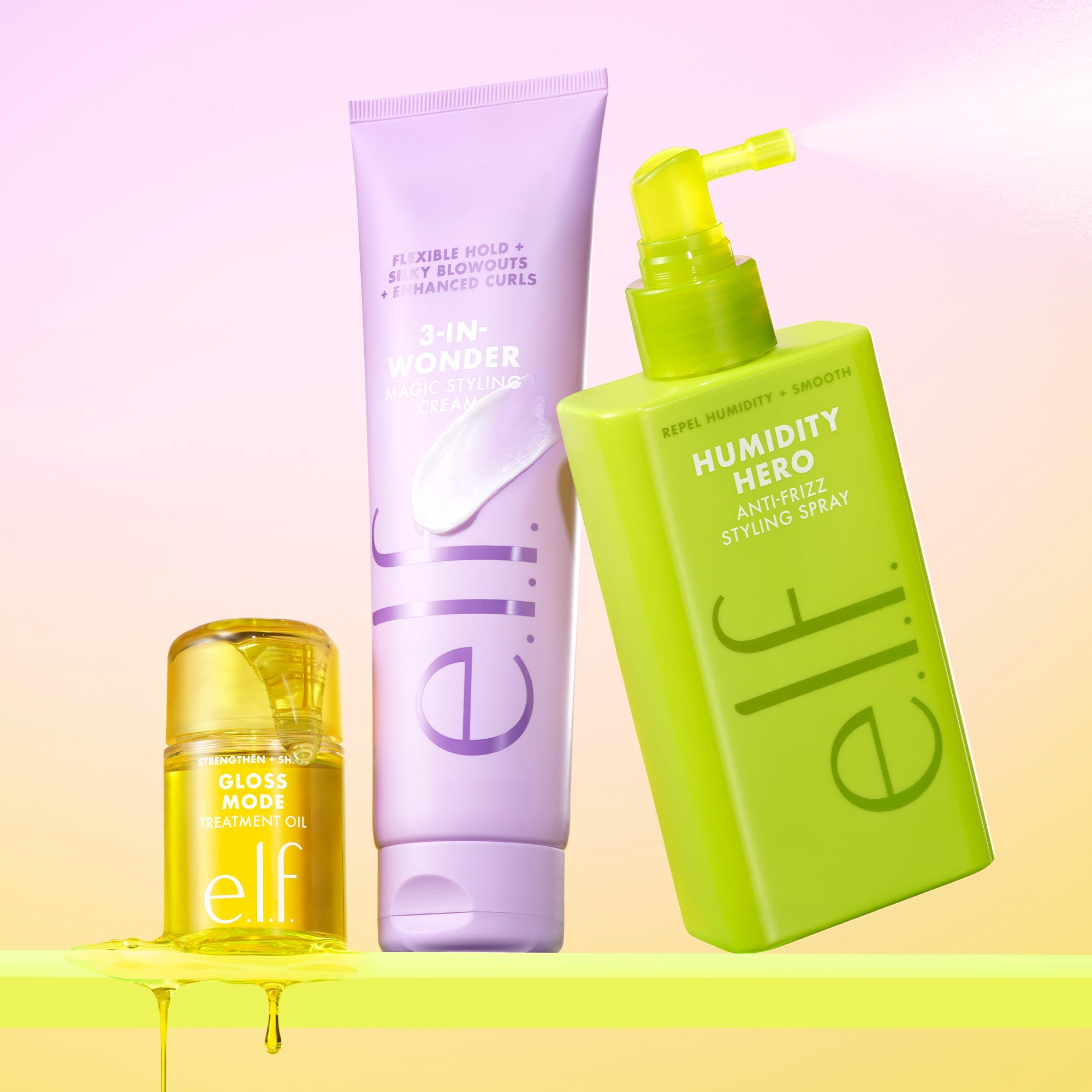 Set of e.l.f. new hair care products including oil, cream, and anti-frizz spray