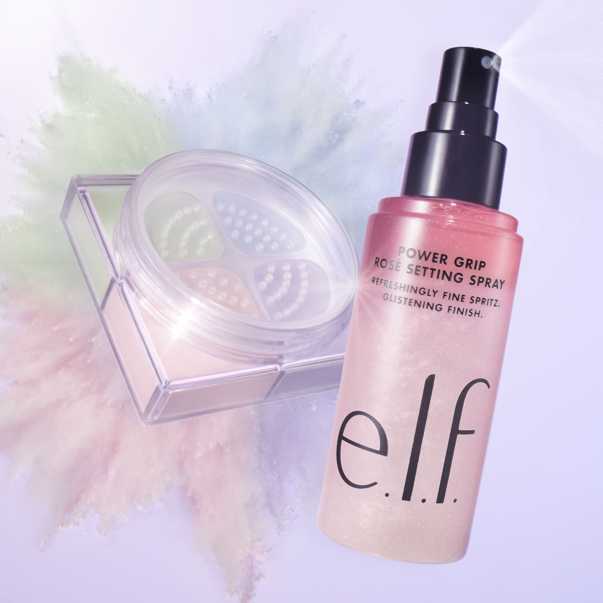 Use Set It Bright Color Correcting and Brightening Powder with Power Grip Rose Setting Spray