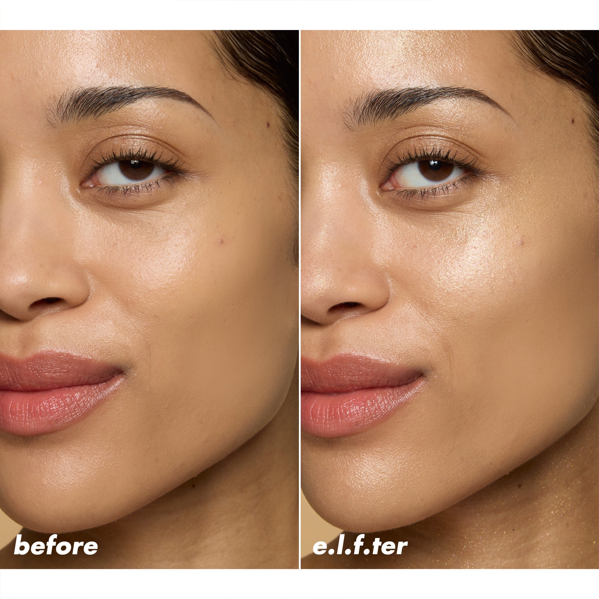 Medium skin tone before and after applying Invisi-Stick Glitz SPF 50