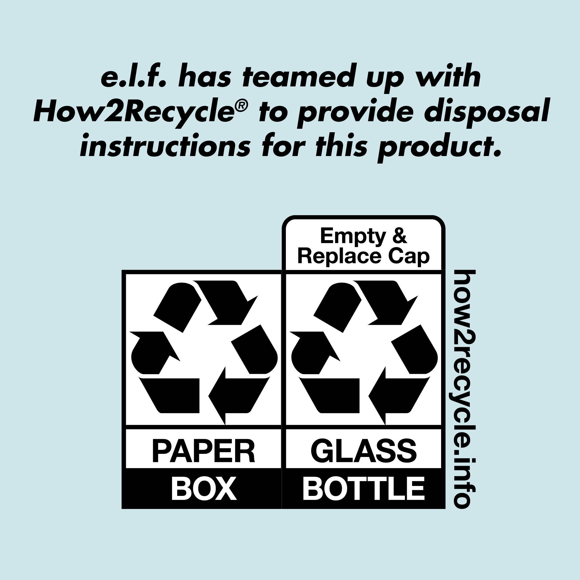 Recycling instructions for a Holy HYdration! Triple Bounce Serum with symbols for paper, box, glass, and bottle