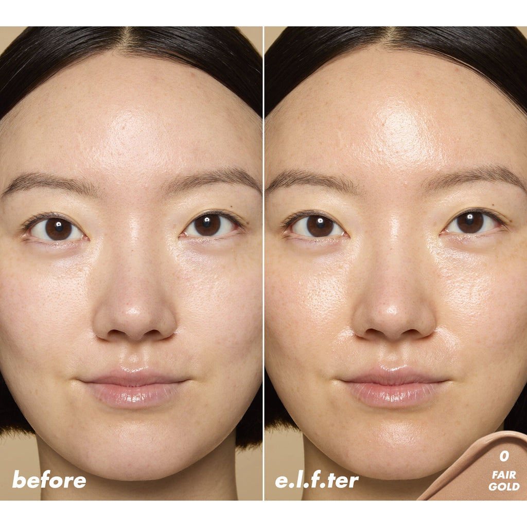 Before and after comparison of a woman's face wearing bronzing drops tinted serum