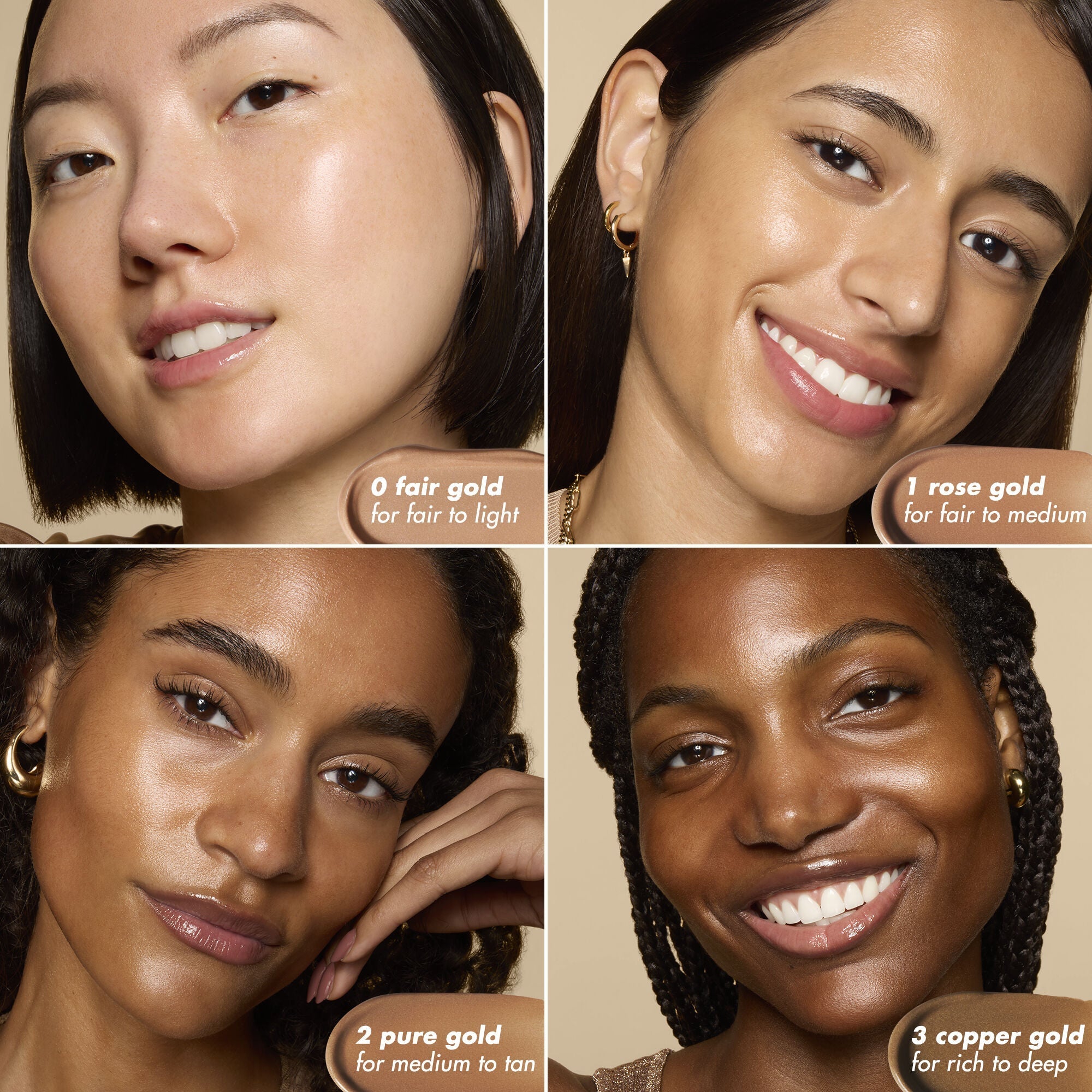 Four women wearing bronzing drops with a color swatch labeled '0 fair gold' to '3 copper gold'.