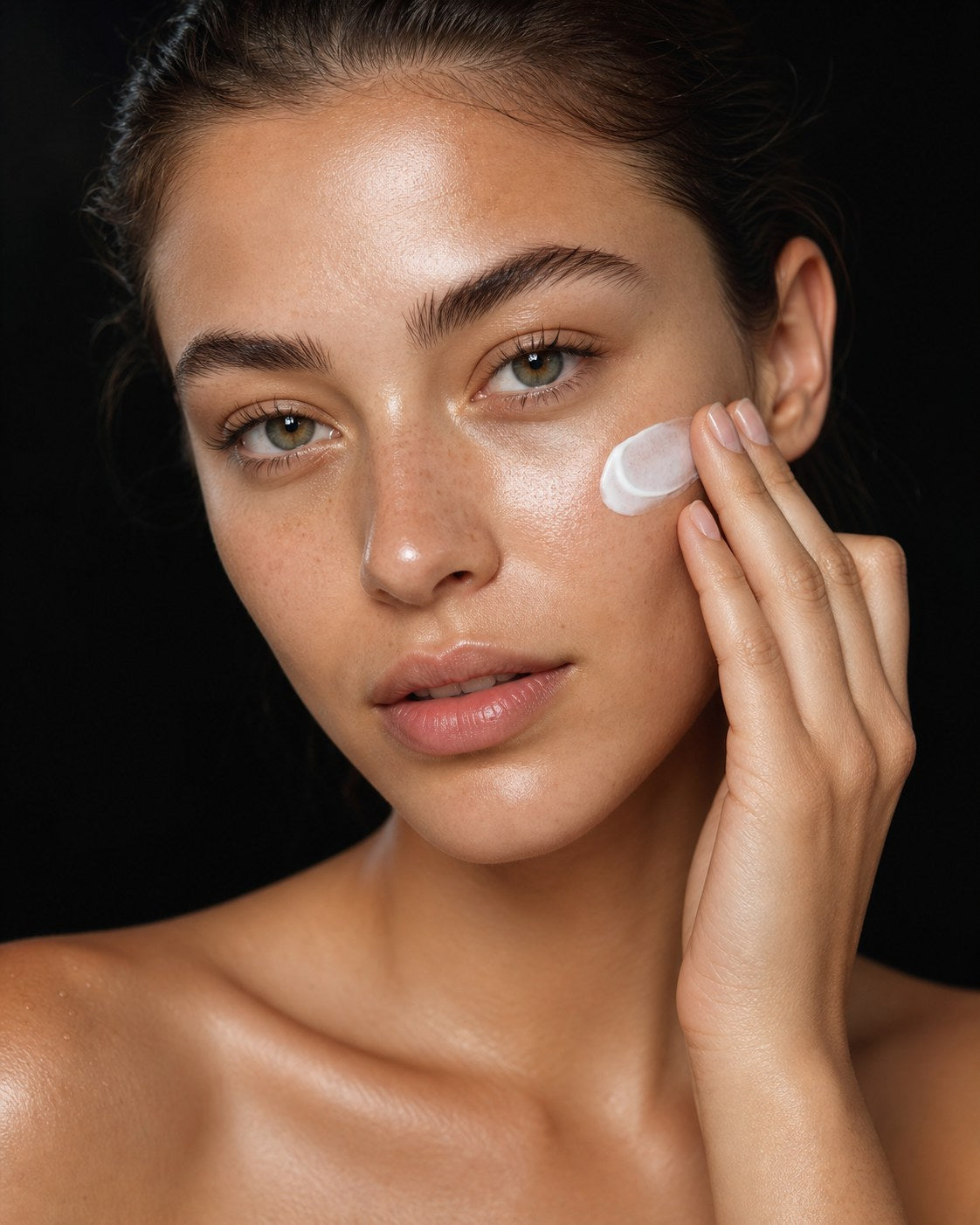 Model applying face cream to hydrated skin